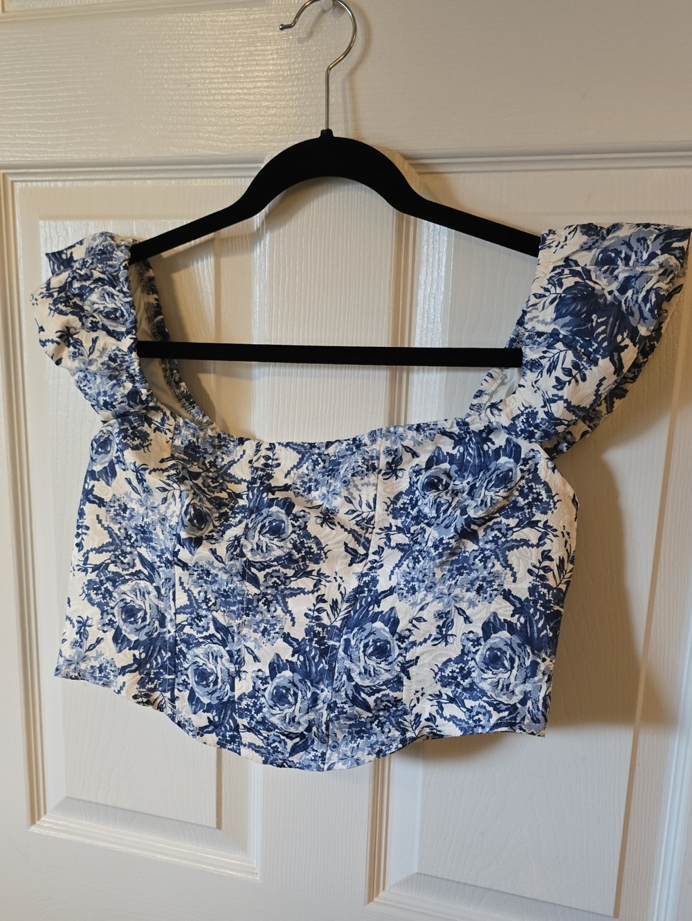 SHEIN White Crop Top with Blue Floral Print and Ruffle Straps